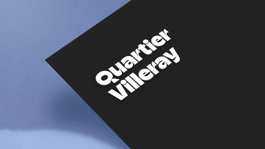 Texte blanc 'Quartier Villeray' en diagonale sur un carré noir, avec un fond bleu clair texturé.