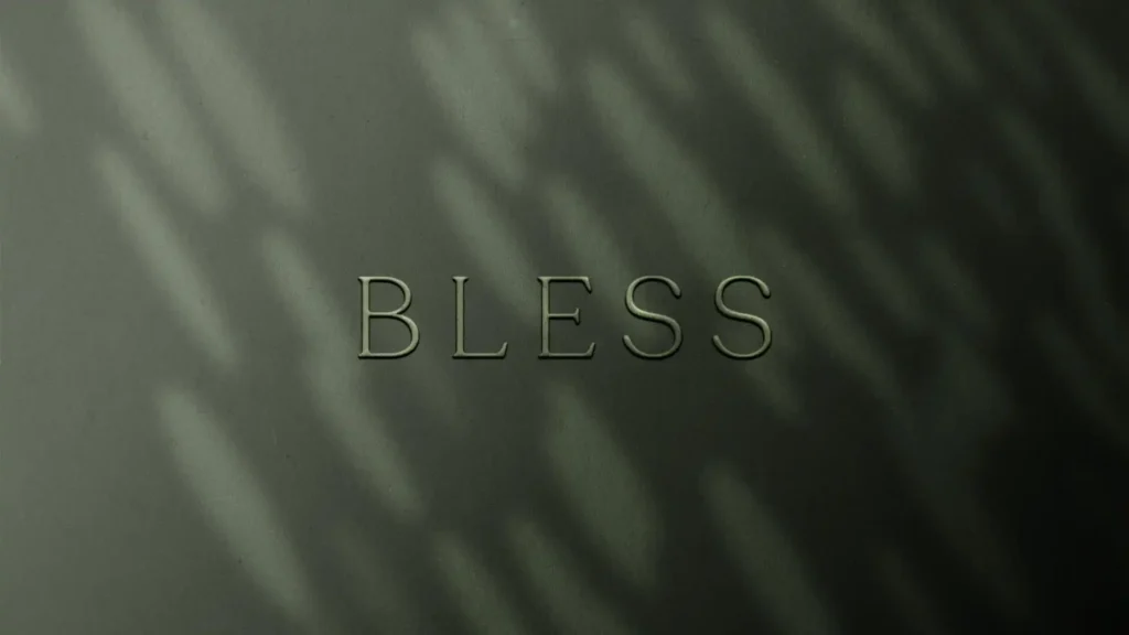 Image avec le mot "BLESS" écrit en lettres argentées, légèrement en relief, sur un fond gris avec des ombres diffuses projetées sur la surface.