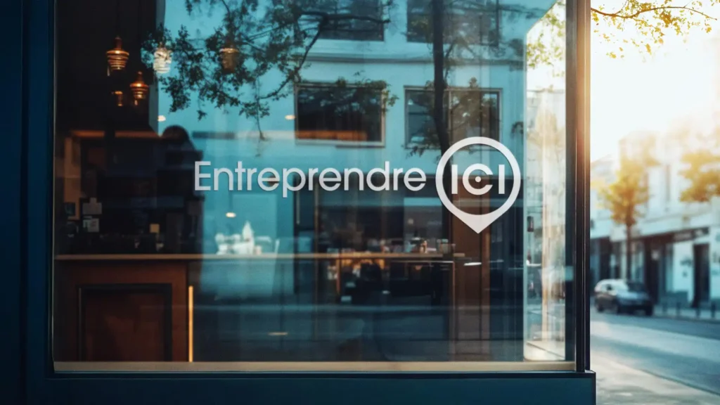 Image d'une vitrine de commerce avec l'inscription blanche "Entreprendre ICI" et un logo de localisation, reflétant la rue et des arbres, avec un intérieur flou visible à travers la vitre.