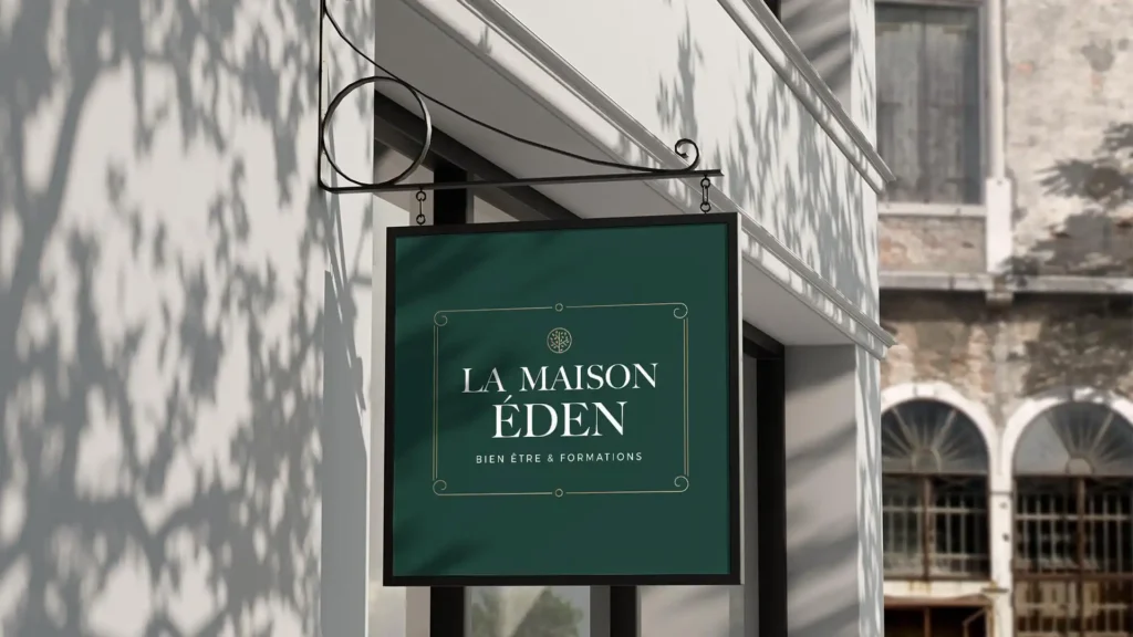 Une enseigne carrée verte avec le logo doré "La Maison Éden" et la mention "Bien-être & Formations", suspendue à un bâtiment blanc avec des fenêtres cintrées.