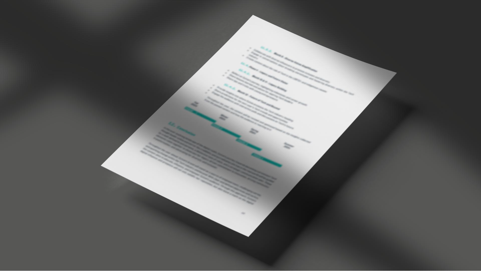 Document imprimé avec du texte et un graphique à barres horizontal, flottant sur un fond sombre avec des ombres.
