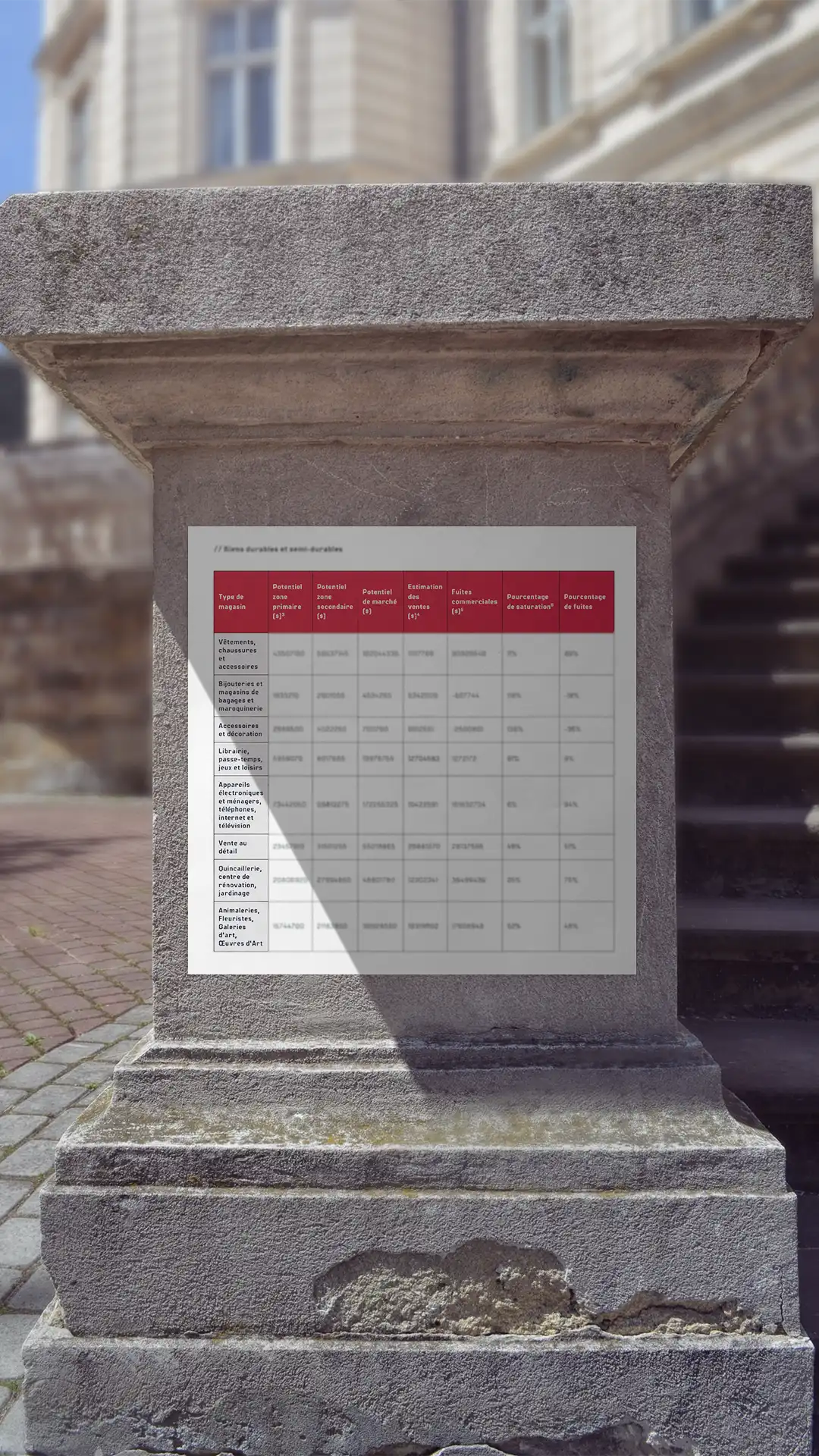 Un tableau blanc avec du texte en français est affiché sur une structure en pierre à l'extérieur.